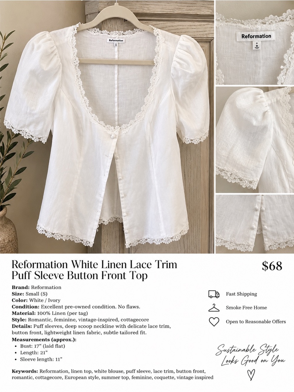 Reformation Ivory Linen Lace-Trim Puff Sleeve Button Front Blouse